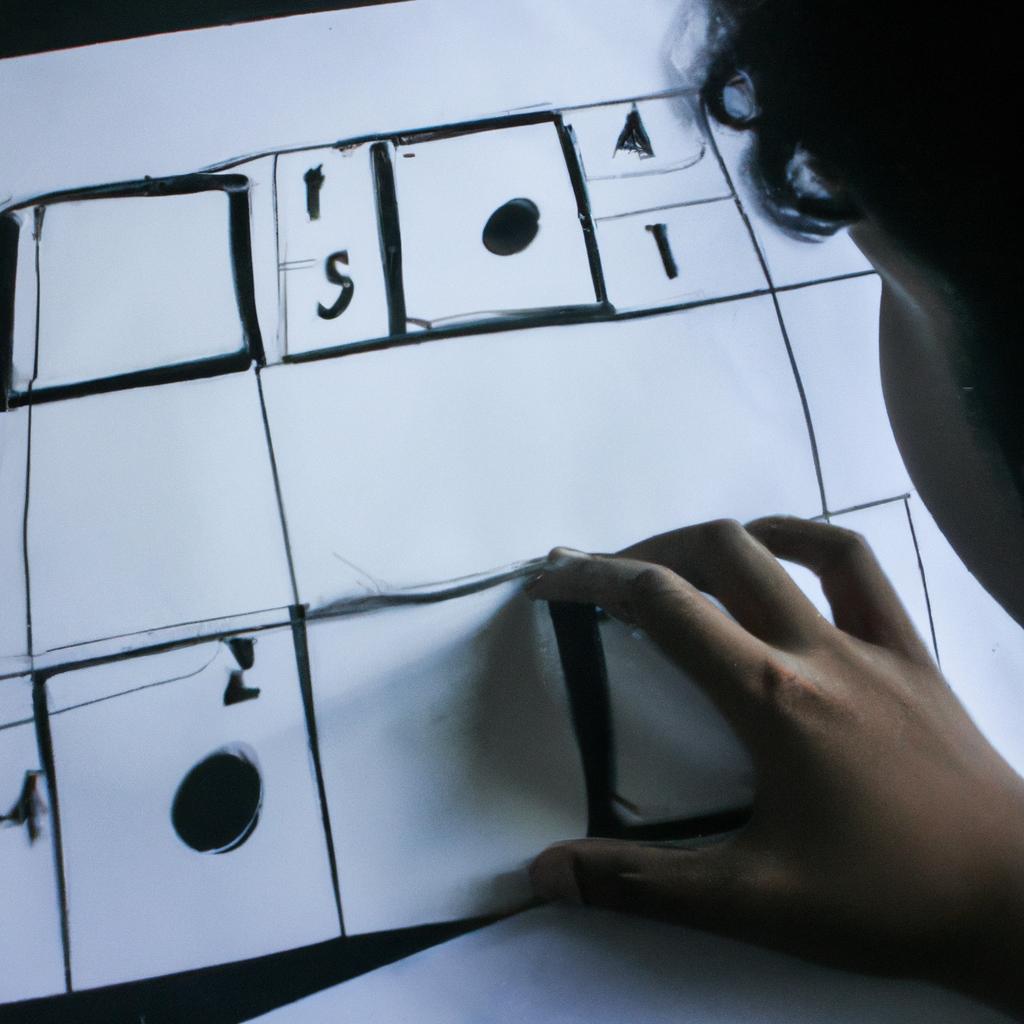 Person studying storyboard shot composition